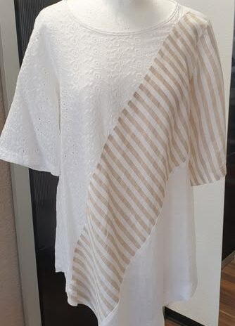 Shirt “ Fimo “ Größe 38 in Weiß/Lochstickerei/Beige gestreift 100% Leinen