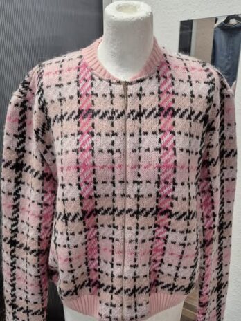 Strickblouson “ Marccain “ Größe 44 (N6) in Rosa/Pink/Schwarz/Weiß kariert 31% Alpaka 22% Wolle