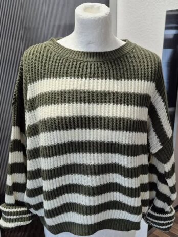 Pulli “ Jones “ Größe 40/42 in Olivgrün/Offwhite gestreift 50% Baumwolle