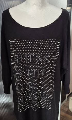 Shirt “ Guess “ Größe 38 in Schwarz/Print/Strasssteine 82% Viscose