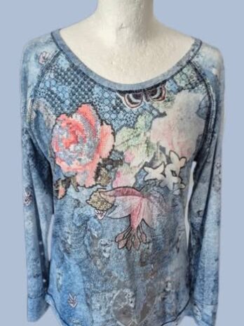 Shirt “ Alpensünde “ Größe 38/40 in Hellblau/Silber/Floral gemustert 35% Baumwolle