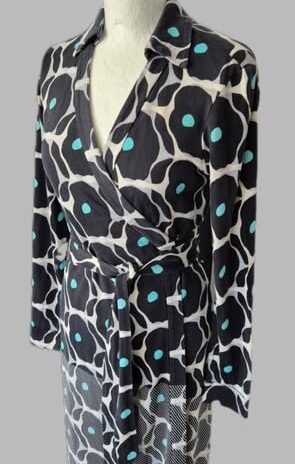 Wickelkleid “ Diane von Fürstenberg “ Größe 36 in Schwarz/Türkis/Hellgrau gemustert 100% Seide