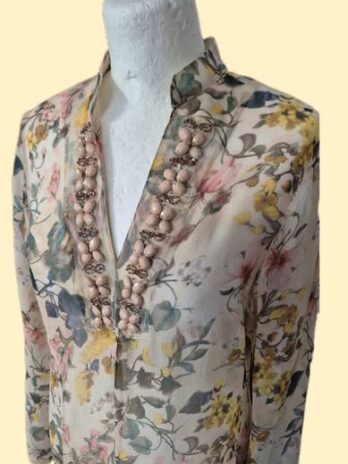 Tunikabluse “ Luisa Cerano “ Größe 36 in Beige/Rosa/Gelb/Floral bestickt 100% Seide