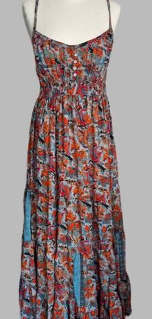Maxikleid “ Coline “ Größe 36/38 in Orange/Grau/Türkis gemustert