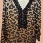 Tunikabluse “ Madeleine “ Größe 46 in Schwarz/Schokobraun/Animalprint bestickt Baumwolle