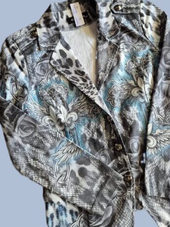 Blazer “ EU-Queen “ Größe 40 in Hellgrau/Weiß/Hellblau gemustert bestickt 62% Baumwolle