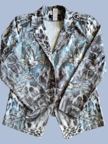 Blazer “ EU-Queen “ Größe 40 in Hellgrau/Weiß/Hellblau gemustert bestickt 62% Baumwolle